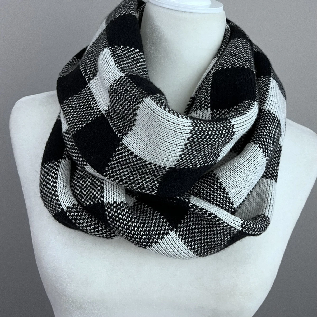 Talbots Black White Plaid Infinity Scarf Neck Warmer Nylon Lambswool