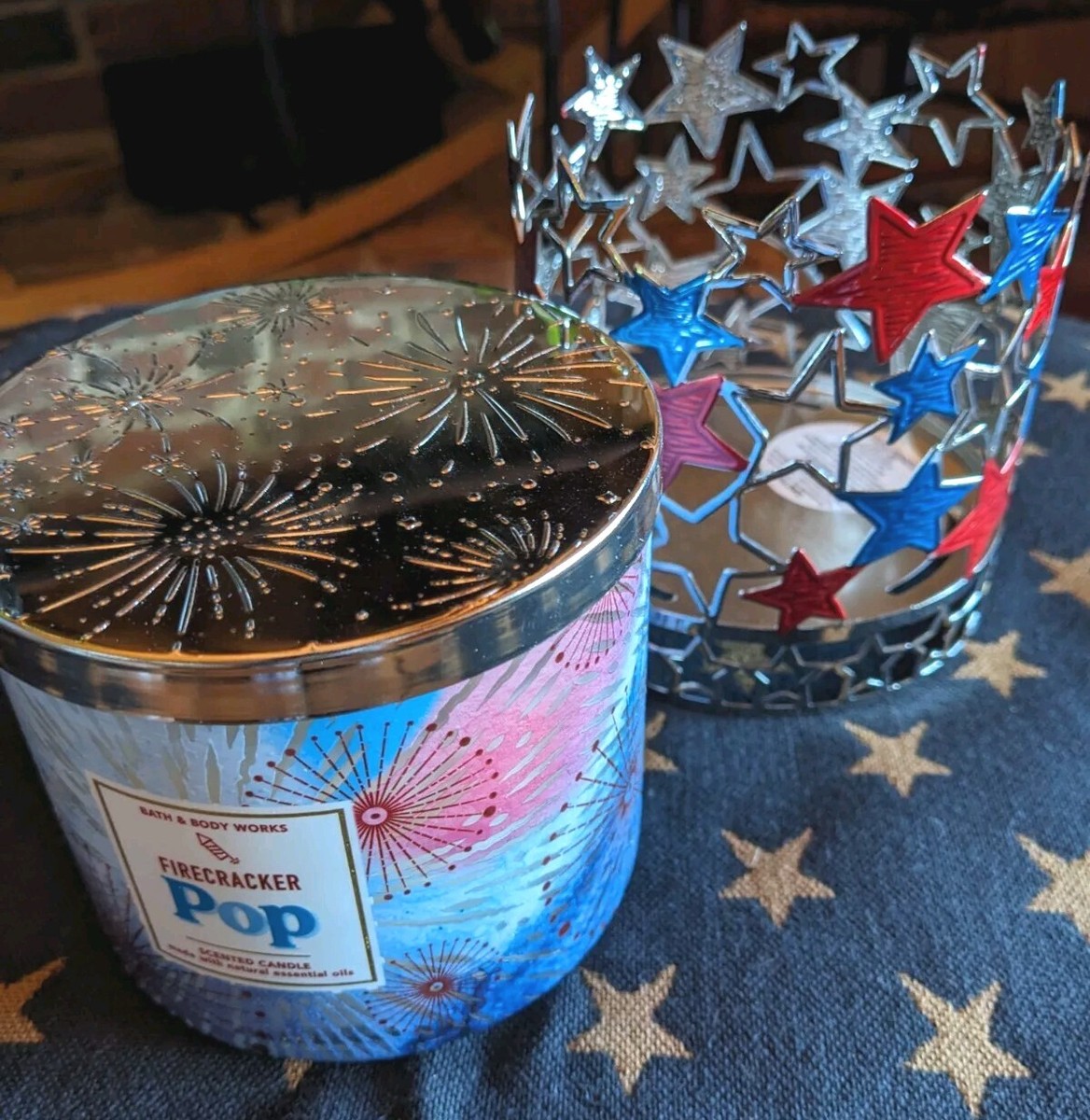 Bath & Body Works Patriotic Red & Blue Stars 3 Wick Candle Holder