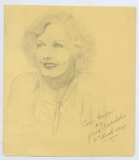 1938 ORIGINAL PENCIL  SKETCH ACTRESS JEAN HARLOW BY ARTIST GLORIA SODERHOLM N560