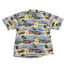 Disney Catalog Hawaiian Shirt Button Up Mickey Minnie Surf Beach Palm Tree Car L
