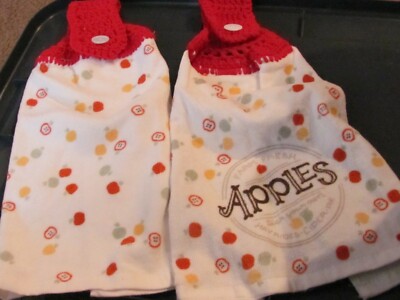  TWO  PLUSH HAND CROCHETED HANGING KITCHEN TOWELS APPLES