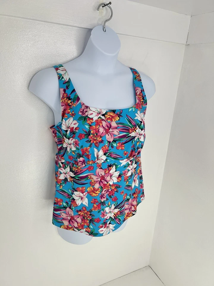 Camiseta Tankini Lands' End Floral Cuello Cuadrado Talla 18W Con Aros Natación Playa Vacaciones Foto 3 de 4