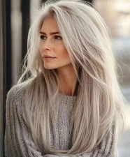 100 Human Hair New Fashion Gorgeous Women's Long Gray Silver Wig 20 In