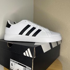 Adidas Grand Court 2.0 K white sneakers with black stripes, size US 6