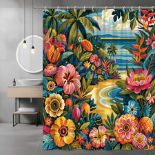 Tropical Floral Beach Shower Curtain, Palm Trees and Ocean Scene