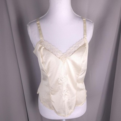 Vtg Mistra Cream Satin Camisole M Lace Trim Embroidered Flower Coquette Fairy