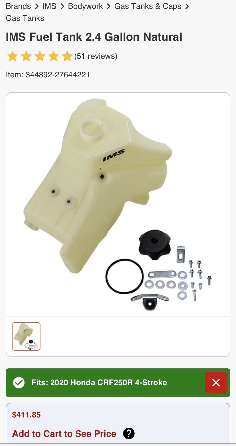 IMS Oversized Fuel Tank Gas Natural 2.4 Gallon For HONDA CRF250R CRF450R