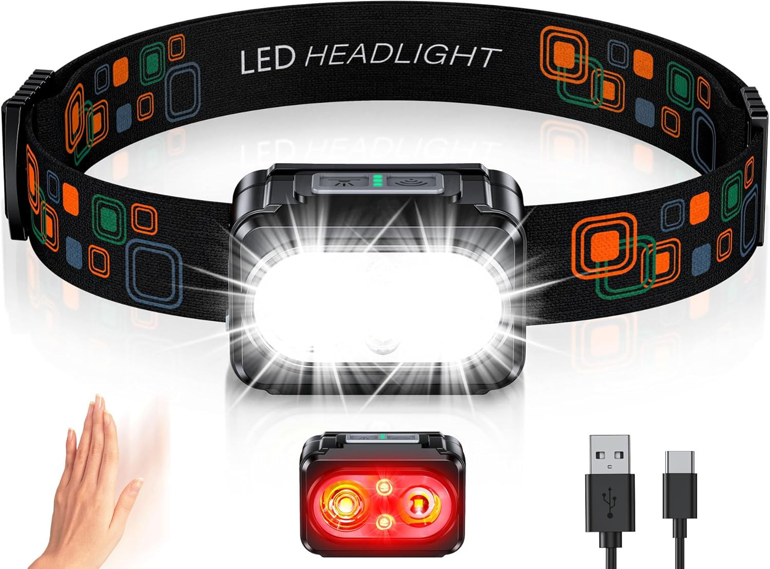 ISEYOU Head Torch Rechargeable, Super Bright Lightweight Headtorch with Red Warn