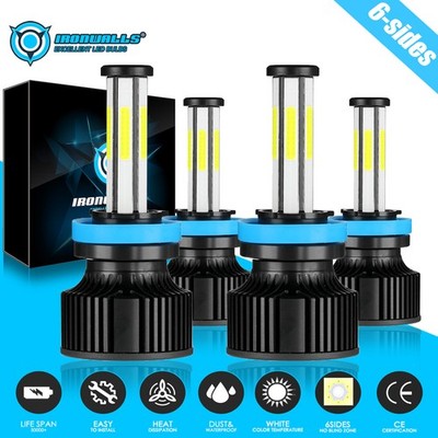 6-Sided 4x H11 LED Headlight Bulbs High Low Beam 600% Super Bright 6500K White