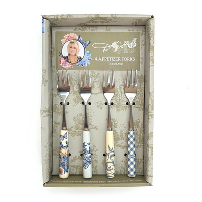 Dolly Parton Blue & White Appetizer Forks Ceramic Handle Set of 4 Toile Gingham