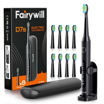 Fairywill Sonic Electric Toothbrush USB Rechargeable w/ 8 Brush Head Travel Case