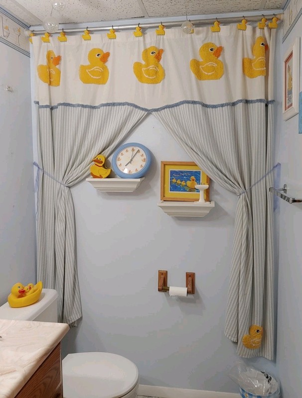 Chenille Yellow Rubber Duck Cotton Shower Curtain Blue Ticking Stripe, and Hooks