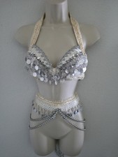 Belly Dance Costume Ivory Sequin Silvertone Beads And Coins Top 29A/B Skirt 40"