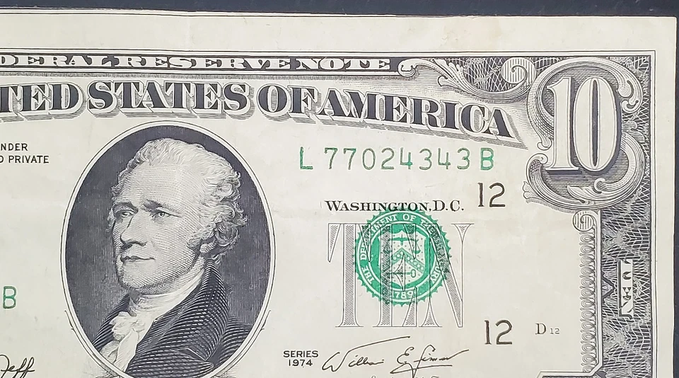 *Error Miss Cut" Series 1974  $10 Federal Reserve Note Error Bill - Image 2 of 4