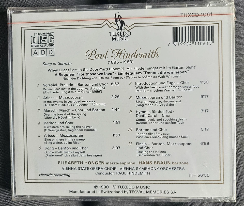 Hindemith Requiem for Those We Love CD - New Sealed rcd8 — 第 2/2 张图片