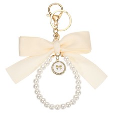 Ribbon Bow Keychain Cute Pearl Wristlet Keychain Bow Charm Beige