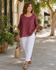 Elena Baldi Burgundy Linen Blouse Top Italy Made Size Large Boxy Relaxed Fit