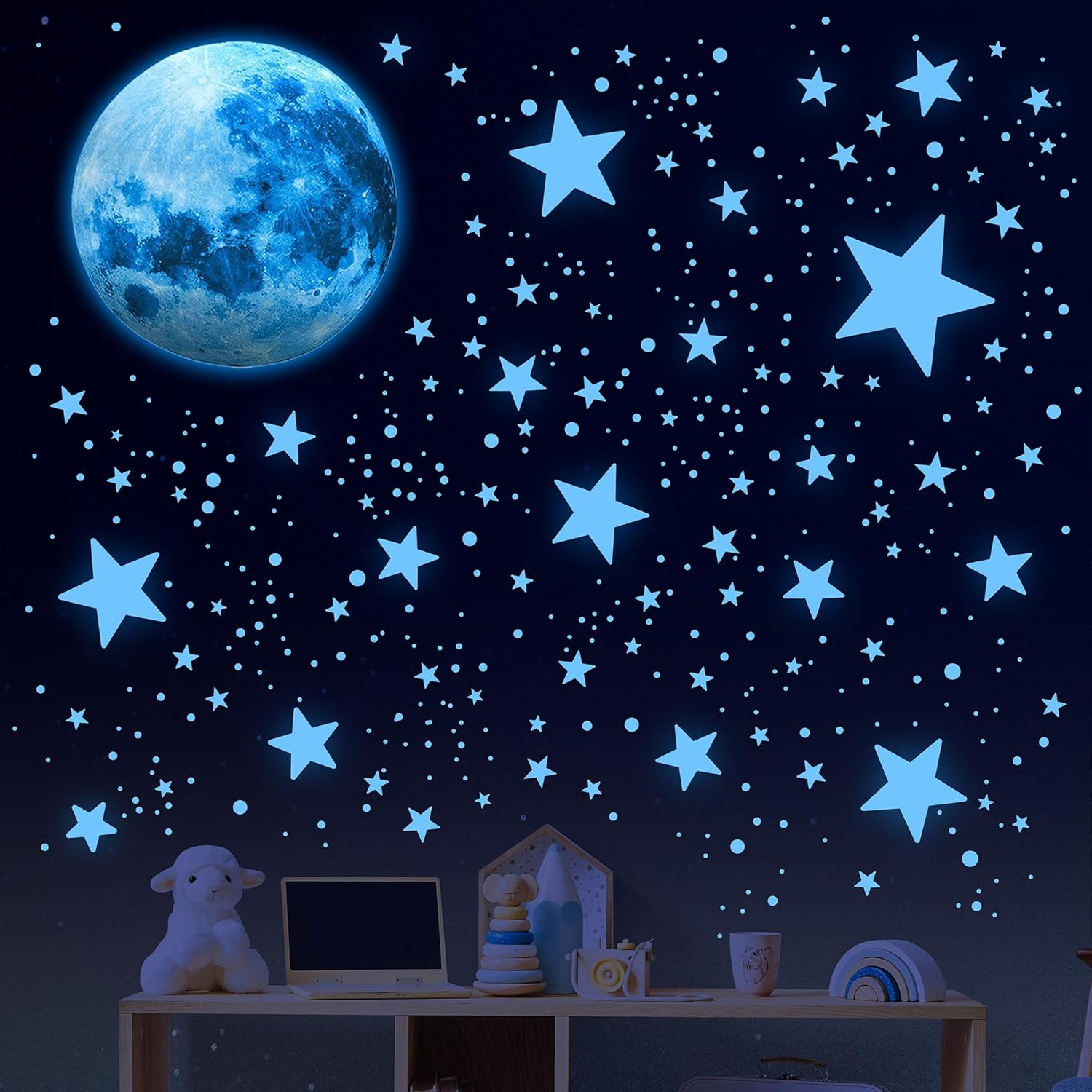 Glow in the Dark Stars and Moon Wall Decals for Ceiling - Kids Wall Decors for B