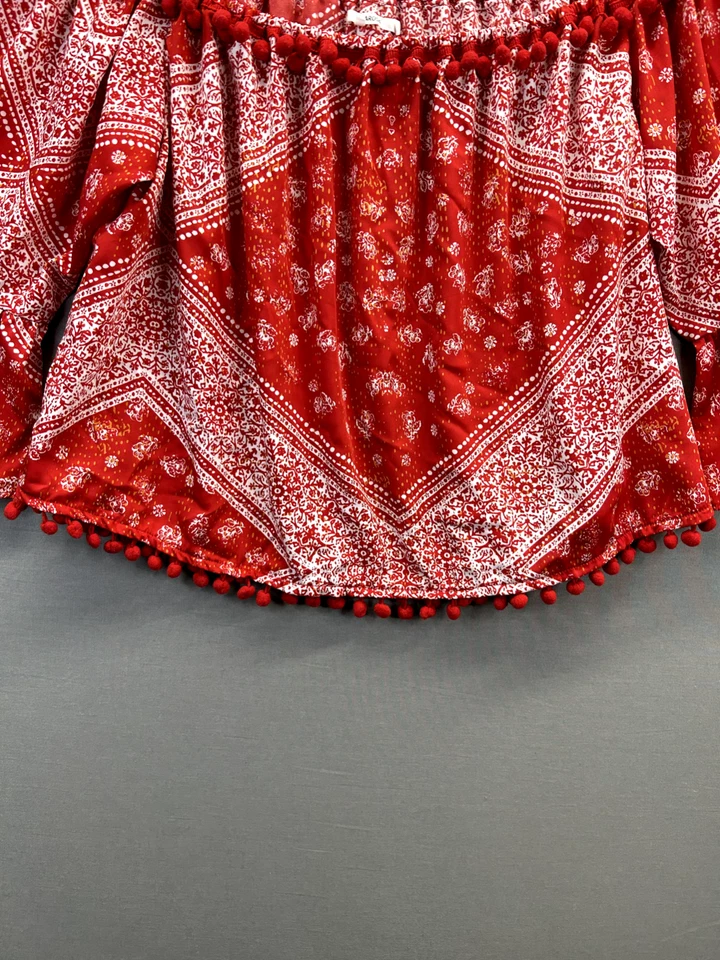 Camiseta roja para mujer Tularosa con estampado de bandana manga corta fuera del hombro talla L Foto 2 de 4