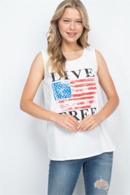 White Flag Print Tank Top Size Medium Round Neck Live Free Red White Blue USA