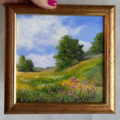 #ad Original Oil Painting Rural Landscape Flowers Summer Village Art 6 in x 6 in $45.00