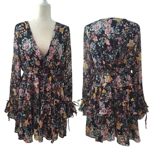 Free People Closer To The Heart Tiered Floral Women Boho Dress Black Multi Sz L