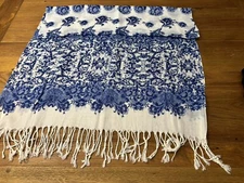 scarf, Beautiful Blue and white scarf, 3 inch fringe, in great condition
