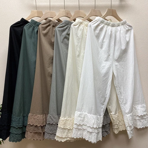 Pantalones para mujer de algodón de pierna ancha recta pantalones de encaje en capas informales japoneses - Imagen 4 de 25