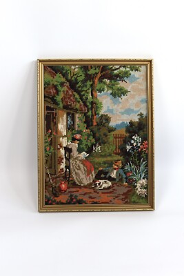 Vintage Gold gerahmt fertig Nadelspitze Wandteppich Landhaus 20  x 15 