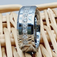 Comfort Fit Eternity Men's Band Silver Tungsten Carbide Wedding Band CZs Inlay