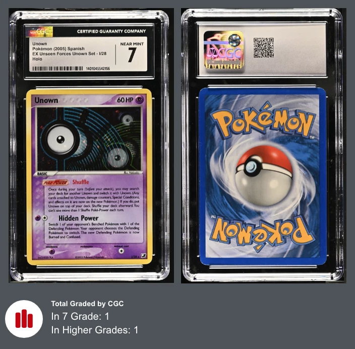 Unown I CGC 7 NM Pop 1 - EX Unseen Forces Holo - I/28 - 2005 Spanish Error Label - Image 3 of 3