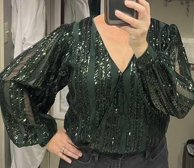 Flying Tomato Emerald Green Sequin Wrap Bodysuit Holiday Party Top L (NWOT)