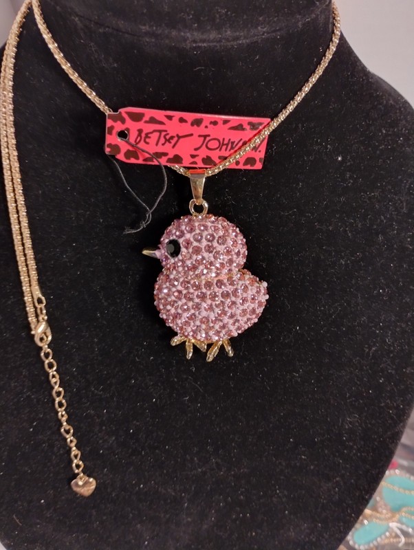 Betsey Johnson Stunning Pink Chicken Or Chick Rhinestone Necklace New With Tags 