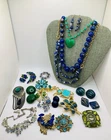 Vintage Costume Jewelry Lot DIFFERENT BLUES & GREENS Brooch Earrings Necklaces