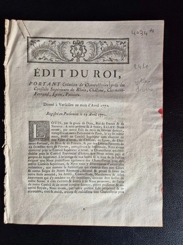 ÉDIT DU ROI 1771 Louis XV Conseils Supérieurs Lyon Blois Poitiers Réforme