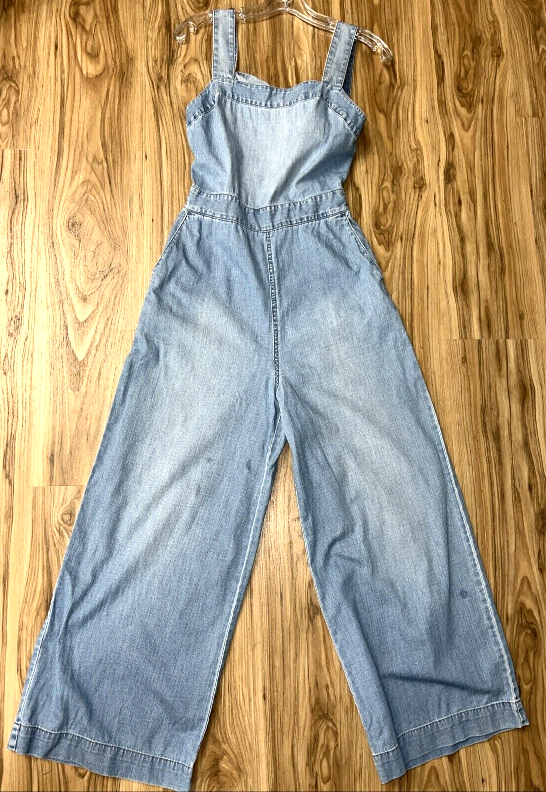 Madewell Romper Sz 0 Denim Apron Bow Back Jumpsuit Crop Chambray Wide Leg-image