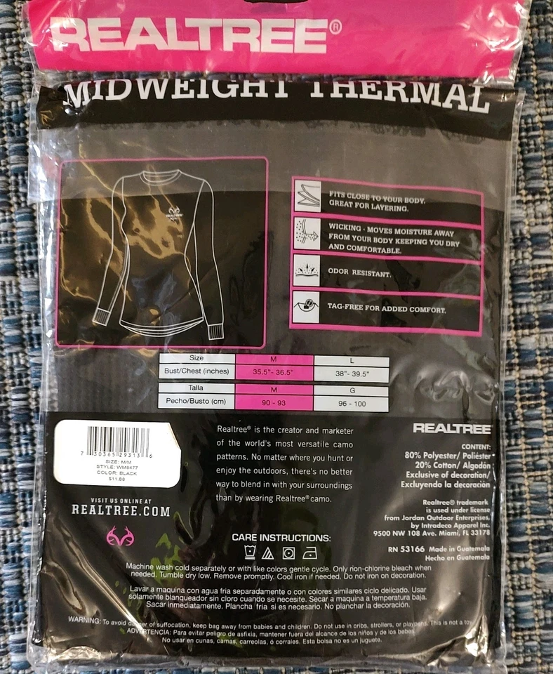 Realtree Ladies Midweight Thermal Set Top (Medium) And Bottom (Large) Black NIP - Image 4 of 4