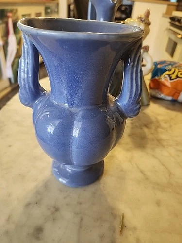 Vintage Niloak Mission Swirl Blue Matte Pottery Vase – Double Handle – 5.5" Tal