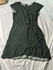 LOFT Petites Green Polka Dot Faux Wrap Capped Sleeves Ladies Knot Dress, 10 