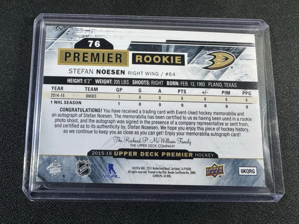 STEFAN NOESEN 2015-16 UD PREMIER ROOKIE AUTO PATCH #76 /375 - Image 2 of 2