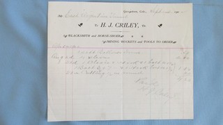 1902 Georgetown Colorado H. Criley Blacksmith & Horseshoer Billhead Mining Tools