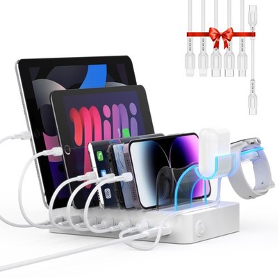 60W 6-Port Charging Station for Multiple Devices, PD 20W USB C Fast Charging ...