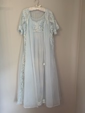 Vtg Shadowline 60s Nylon Sheer Blue Lace Nightgown Robe Peignoir MCM M Medium