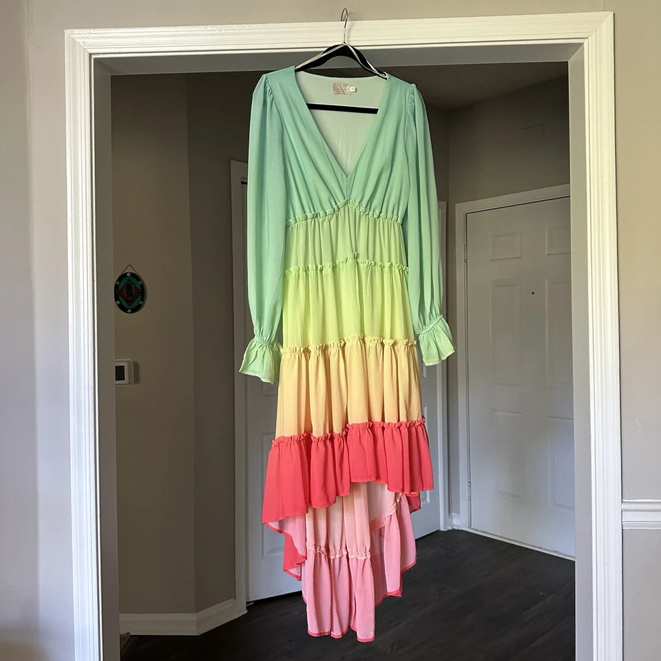 Champagne & Strawberry Tiered High Low Maxi Dress Womens Medium Blue Green Pink - Image 2 of 4