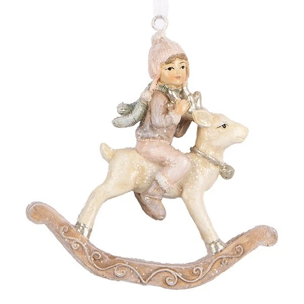 Kind auf Schaukelpferd Weihnachten Pastelltöne Anhänger Landhaus 8 x 3 x 9 cm - Bild 2 von 3