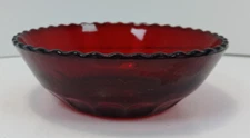 Vintage Anchor Hocking Ruby Red Thumbprint Scalloped Rim Berry Bowl