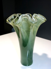 Murano Green Glass Vase with Ruffled Top 10.5"