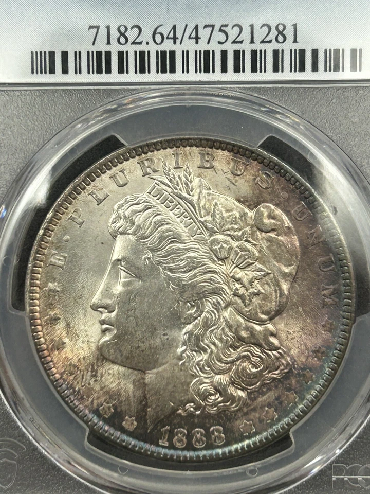 Dólar de plata Morgan 1888-P PCGS MS64 PQ tonificación vibrante color púrpura/oscuro