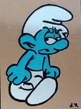 ACEO ORIGINAL ATC Angry Smurf HAND PAINTED ACRYLIC SIGNED