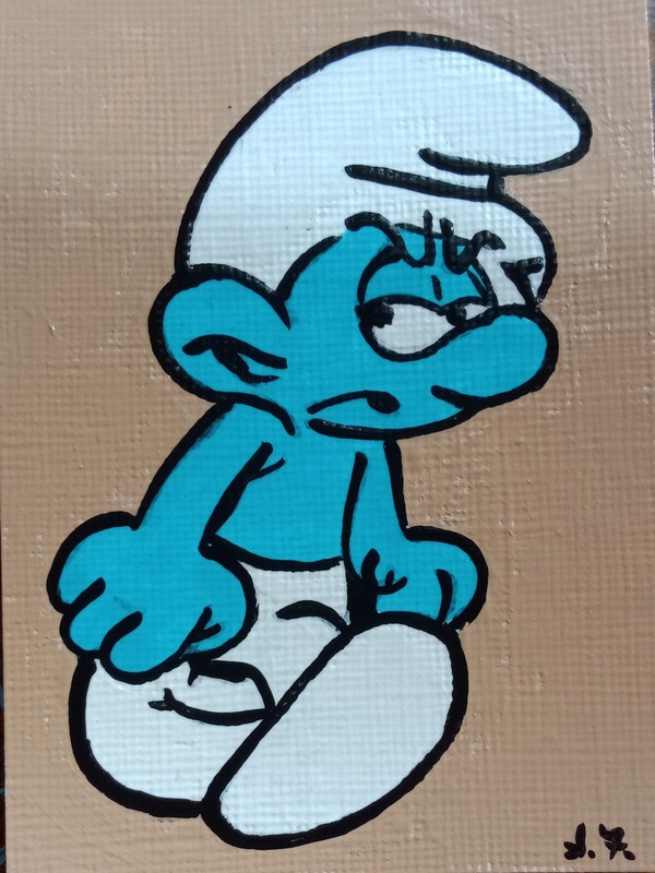 Angry Smurf ATC ACEO ORIGINAL Mini HAND PAINTED OOAK Signed Suzanne Foster